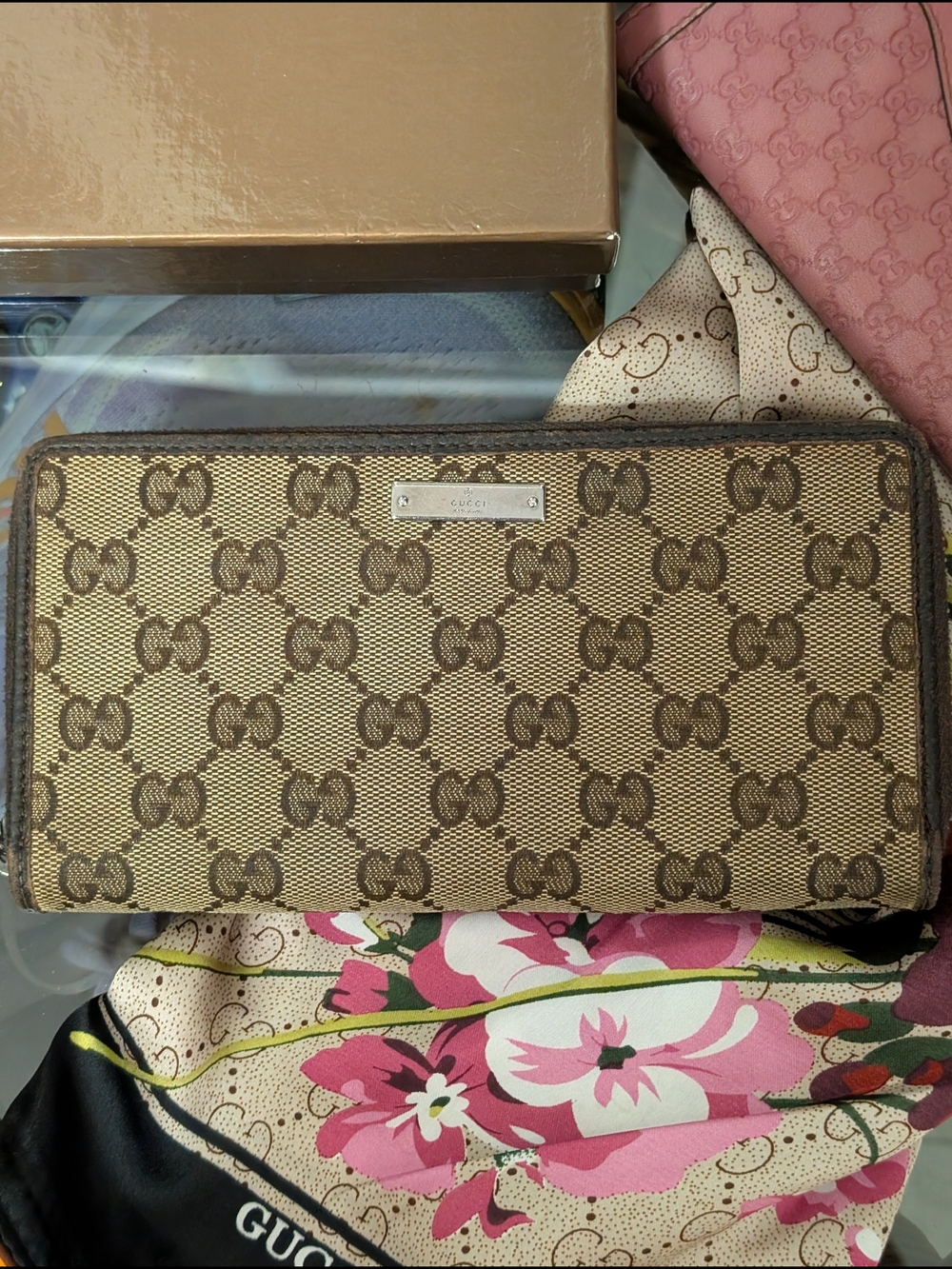 Gucci Brown/Beige GG Canvas Zip Around Wallet, COA & Box